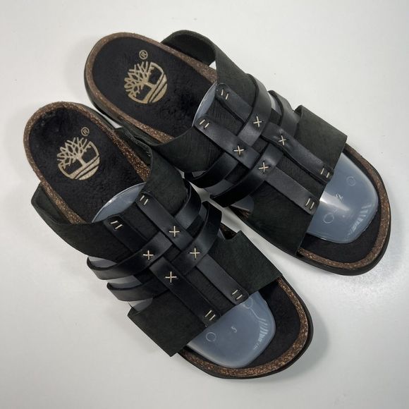 Timberland Women’s Black Leather Upper Slide Straps Sandals Size 7.5M - Picture 1 of 9